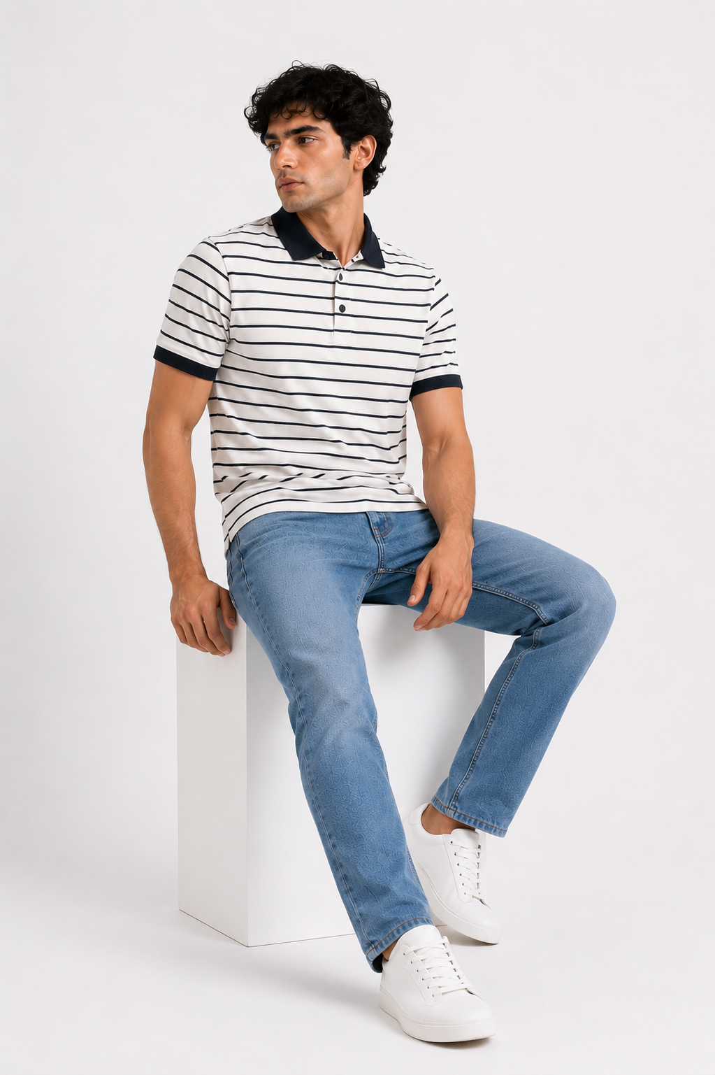 White Navy Striped Contrast Collar Stepper Cotton Polo Shirt