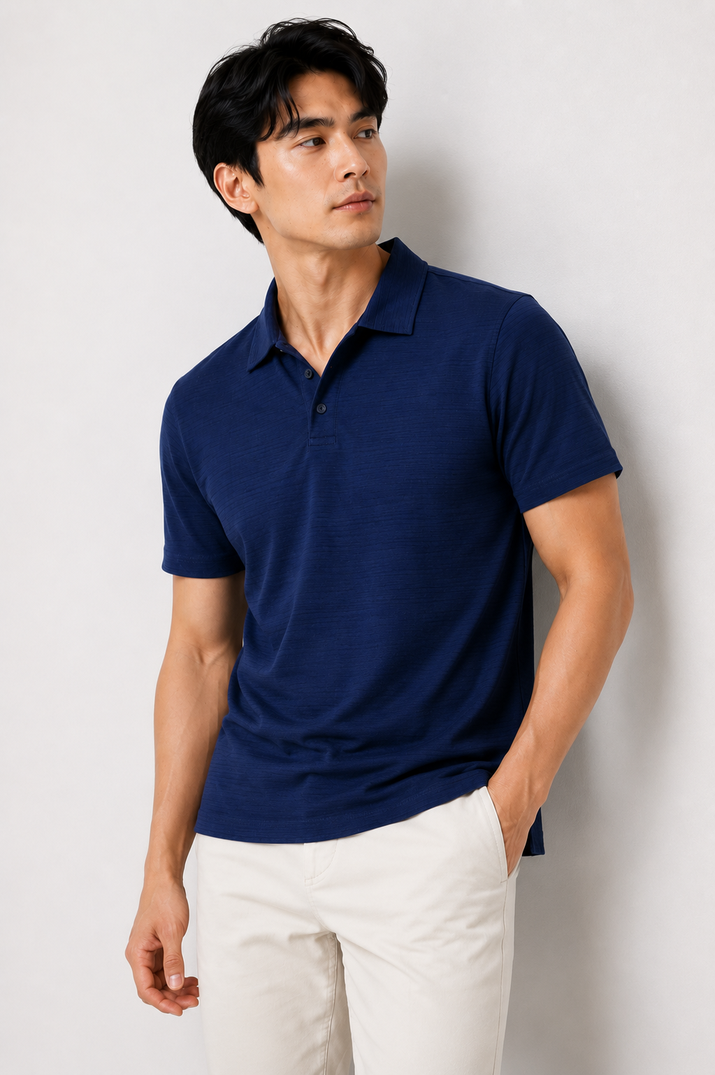 Navy Blue Slub-Texture Cotton Jersey Polo Shirt