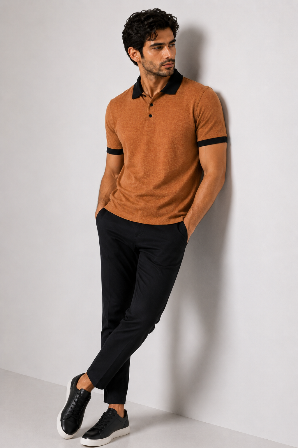 Camel Yarn-Dyed Herringbone Contrast Collar Polo Shirt