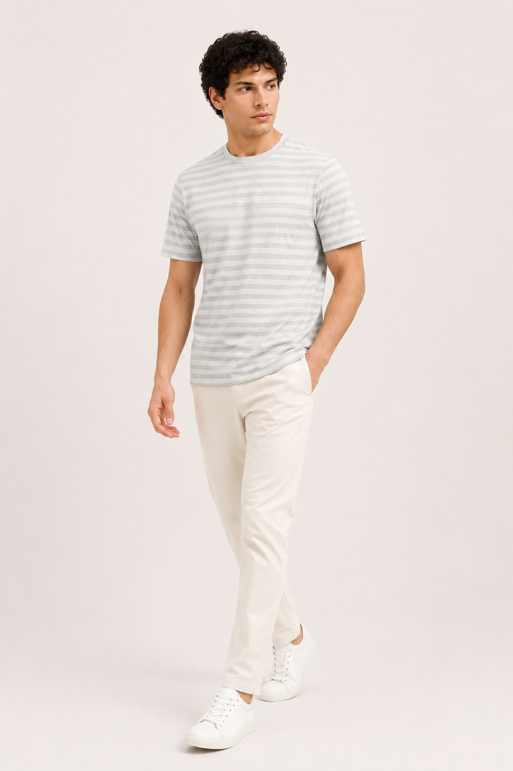 Grey White Striped Cotton Jersey T-Shirt