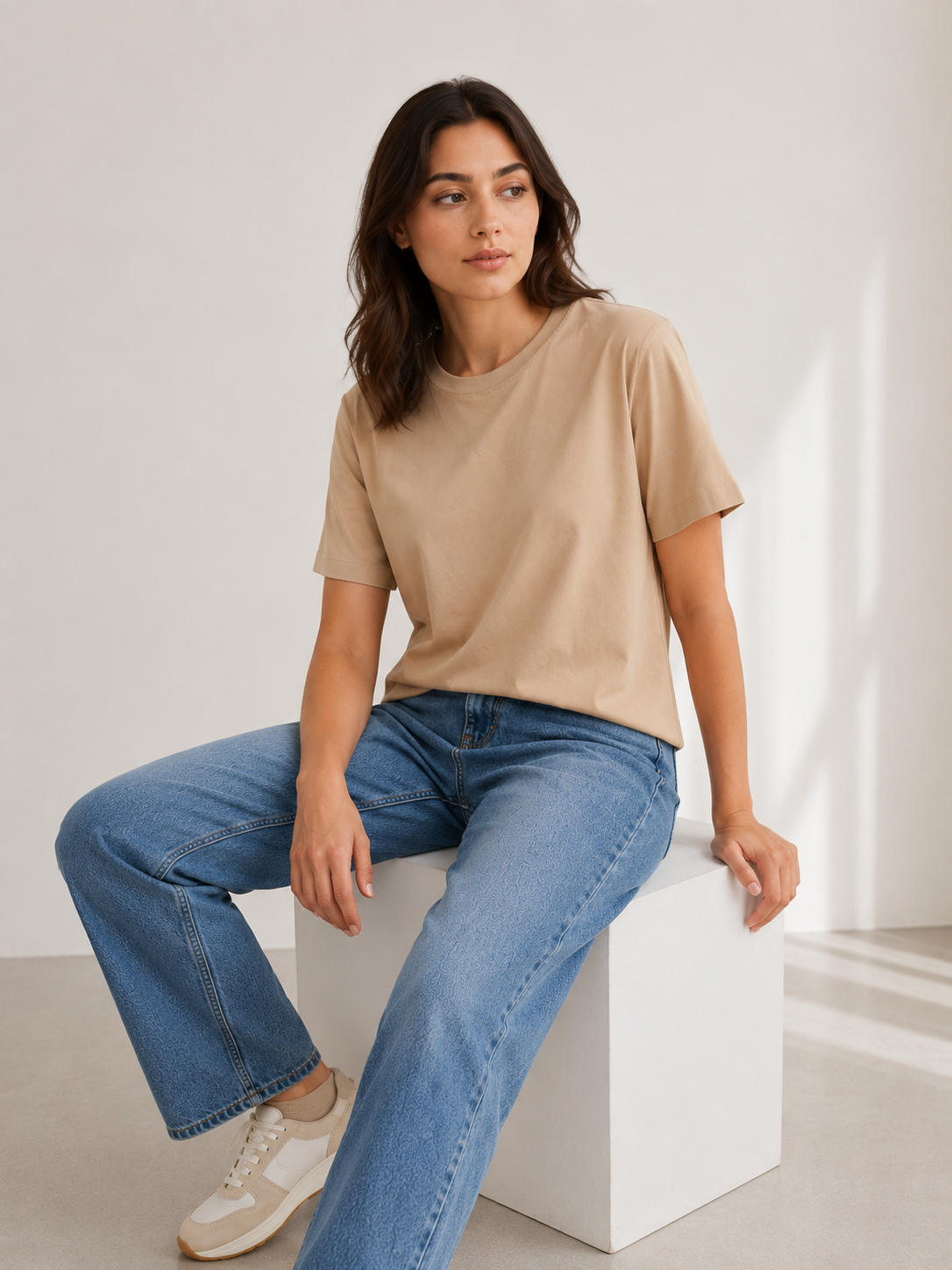 Beige Boxy Fit Essential Cotton T-Shirt