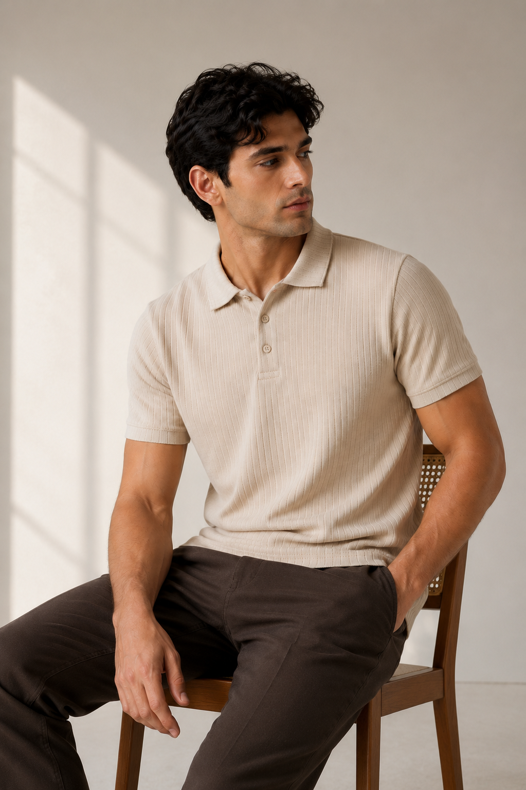 Beige Milange Drop-Needle Ribbed Cotton Polo Shirt