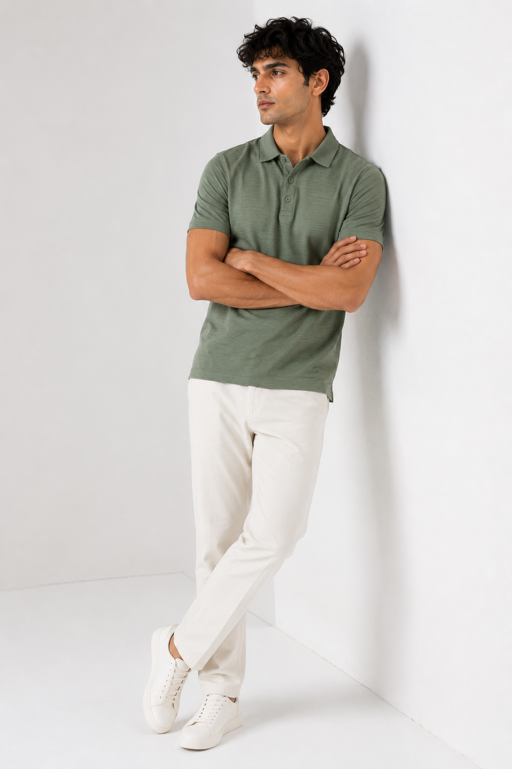 Sage Green Slub-Texture Cotton Jersey Polo Shirt