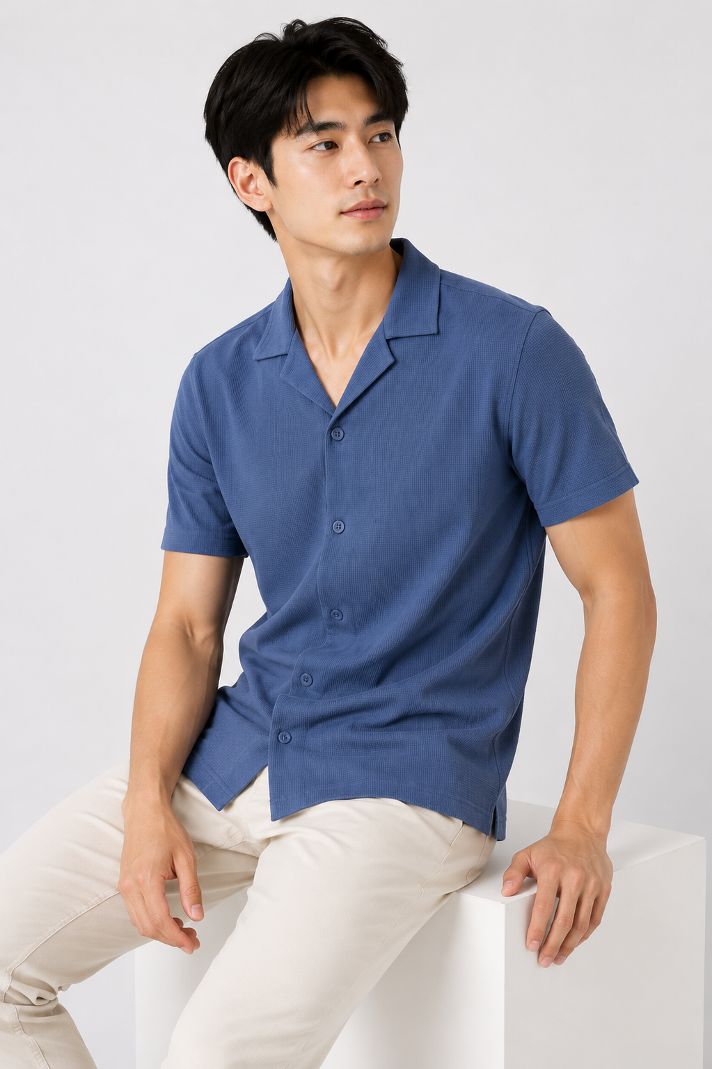 Deep Blue Camp Collar Thermal Cotton Shirt