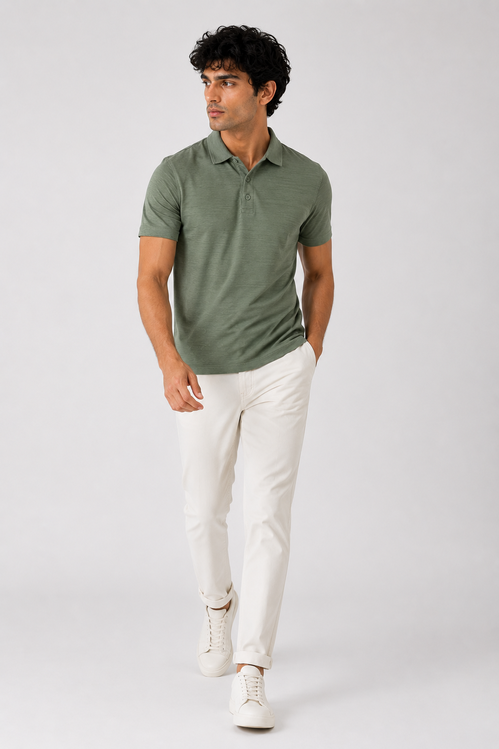 Sage Green Slub-Texture Cotton Jersey Polo Shirt