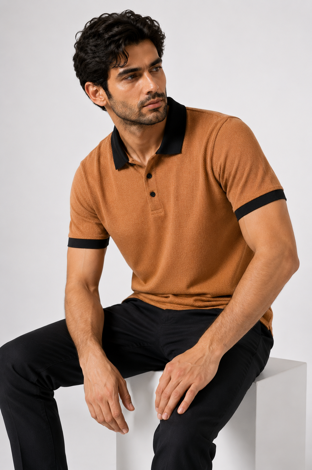 Camel Yarn-Dyed Herringbone Contrast Collar Polo Shirt