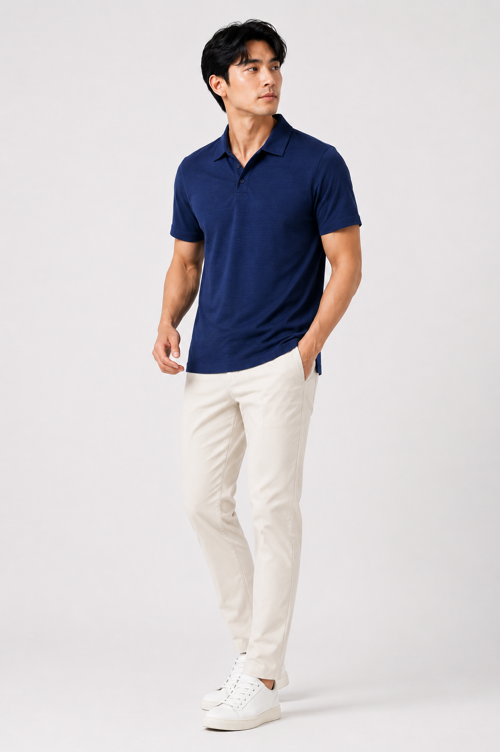 Navy Blue Slub-Texture Cotton Jersey Polo Shirt