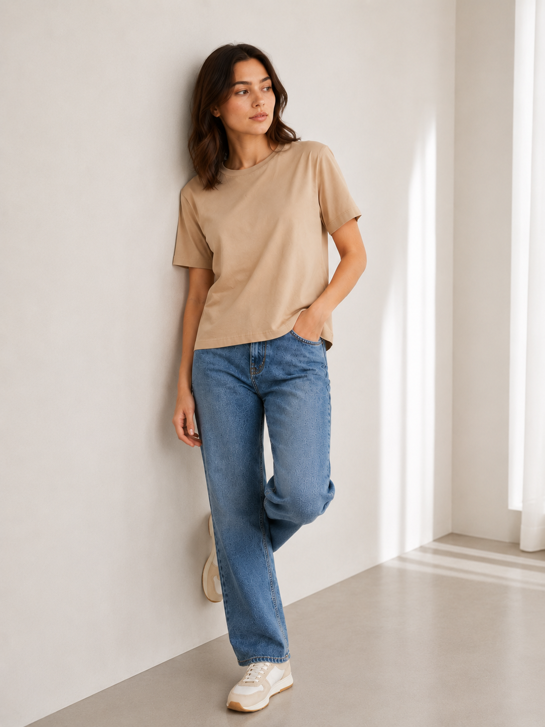 Beige Boxy Fit Essential Cotton T-Shirt