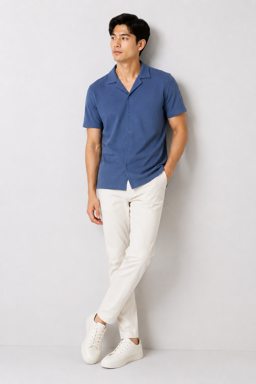 Deep Blue Camp Collar Thermal Cotton Shirt