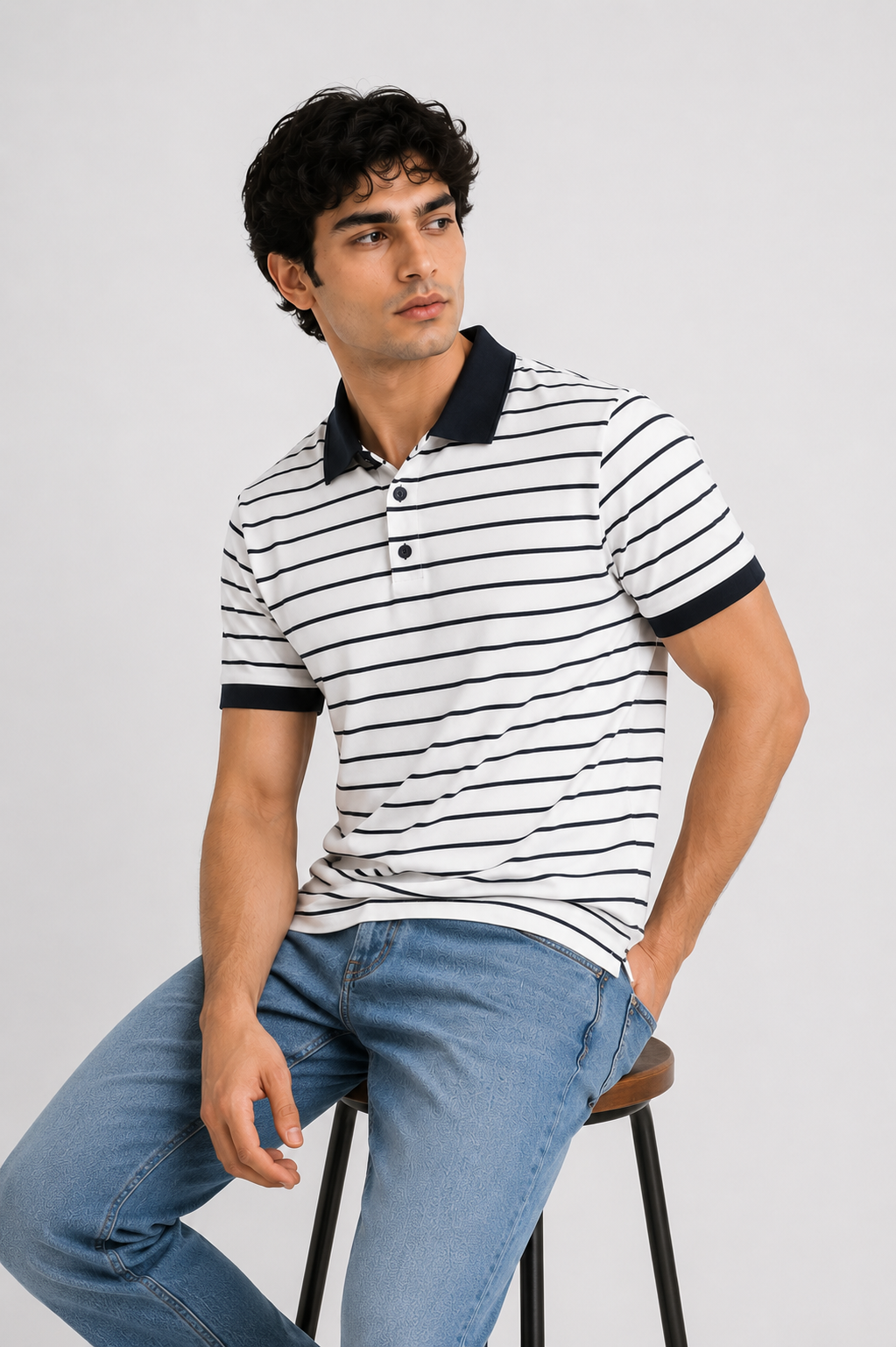 White Navy Striped Contrast Collar Stepper Cotton Polo Shirt