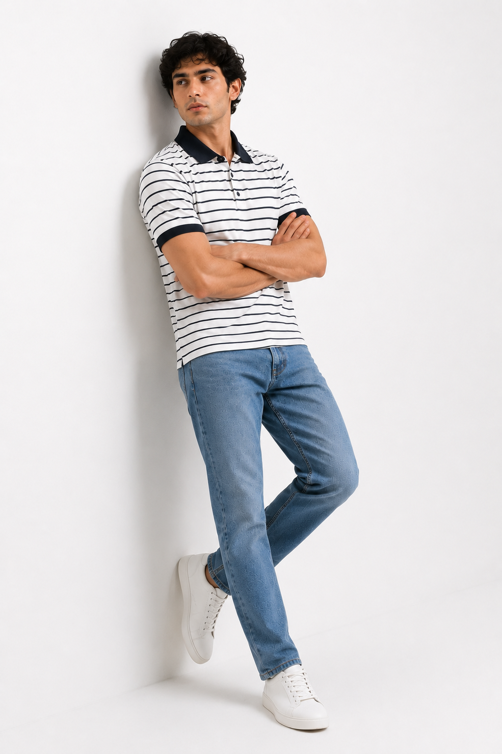 White Navy Striped Contrast Collar Stepper Cotton Polo Shirt