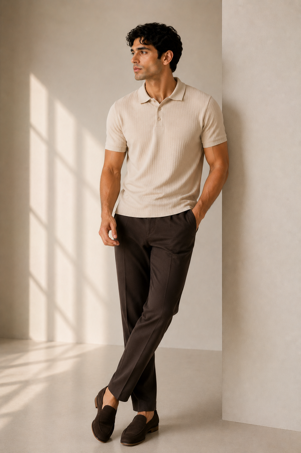 Beige Milange Drop-Needle Ribbed Cotton Polo Shirt