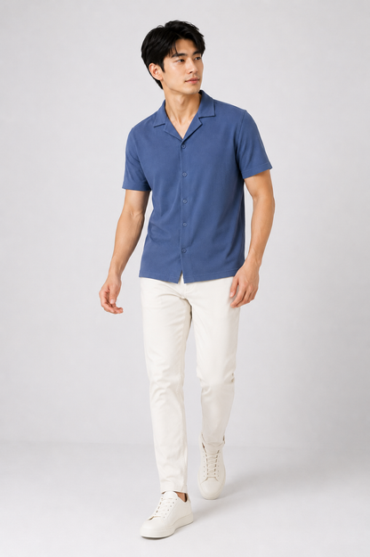 Deep Blue Camp Collar Thermal Cotton Shirt