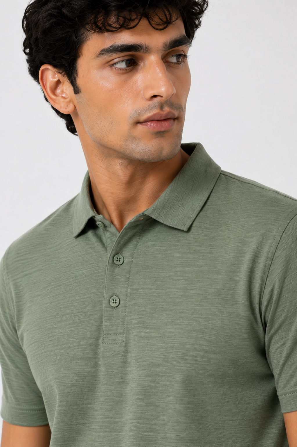 Sage Green Slub-Texture Cotton Jersey Polo Shirt