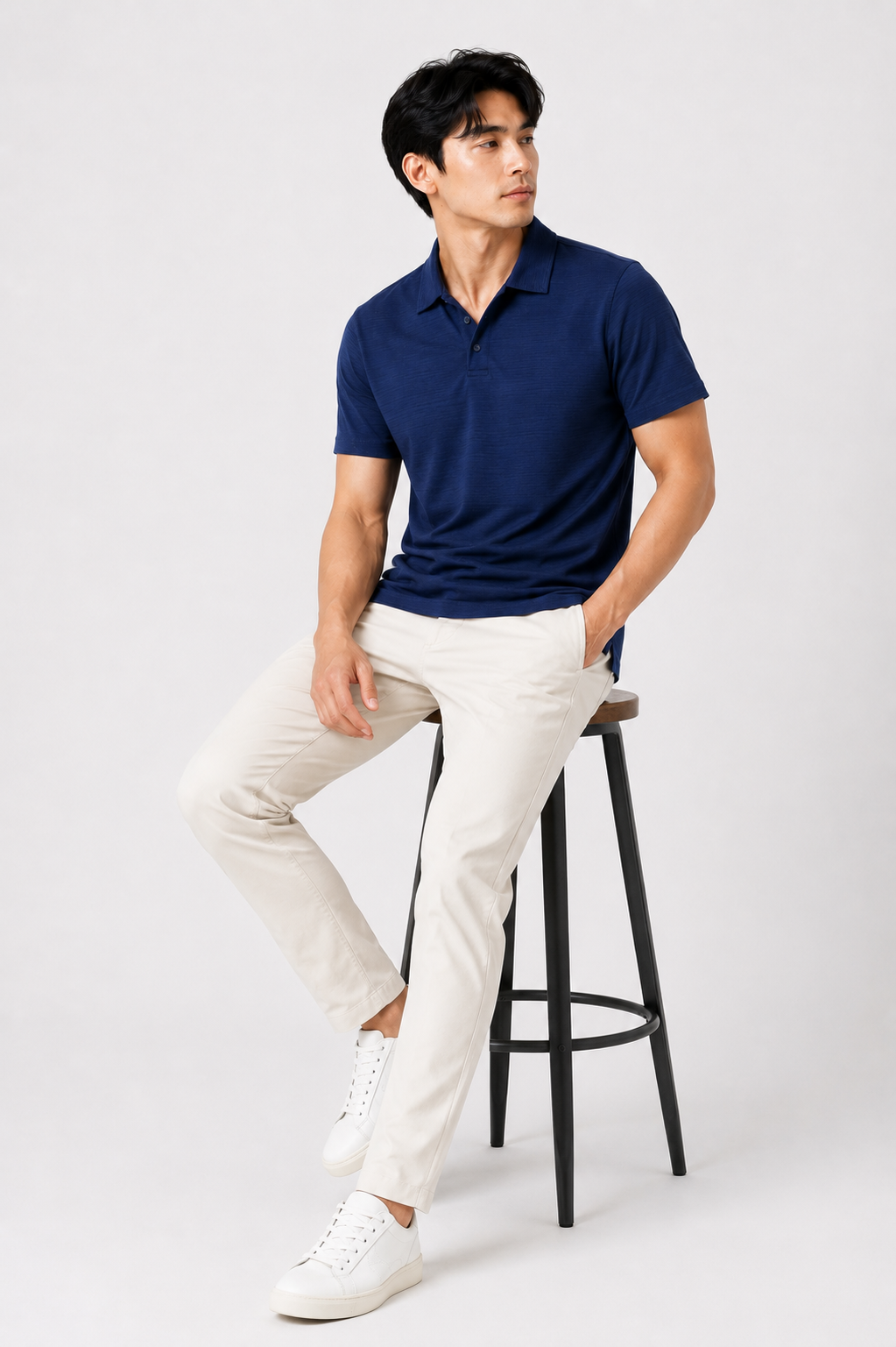 Navy Blue Slub-Texture Cotton Jersey Polo Shirt