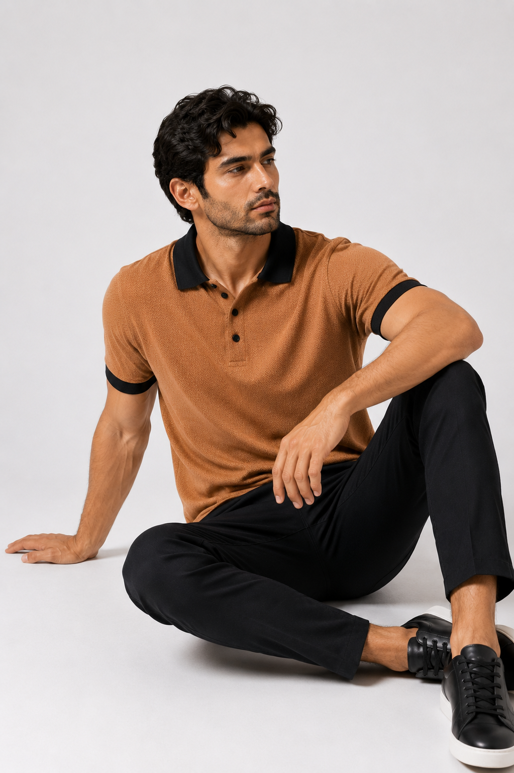 Camel Yarn-Dyed Herringbone Contrast Collar Polo Shirt
