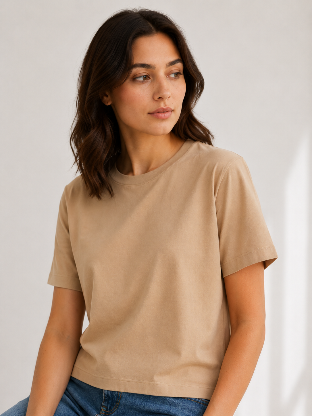 Beige Boxy Fit Essential Cotton T-Shirt