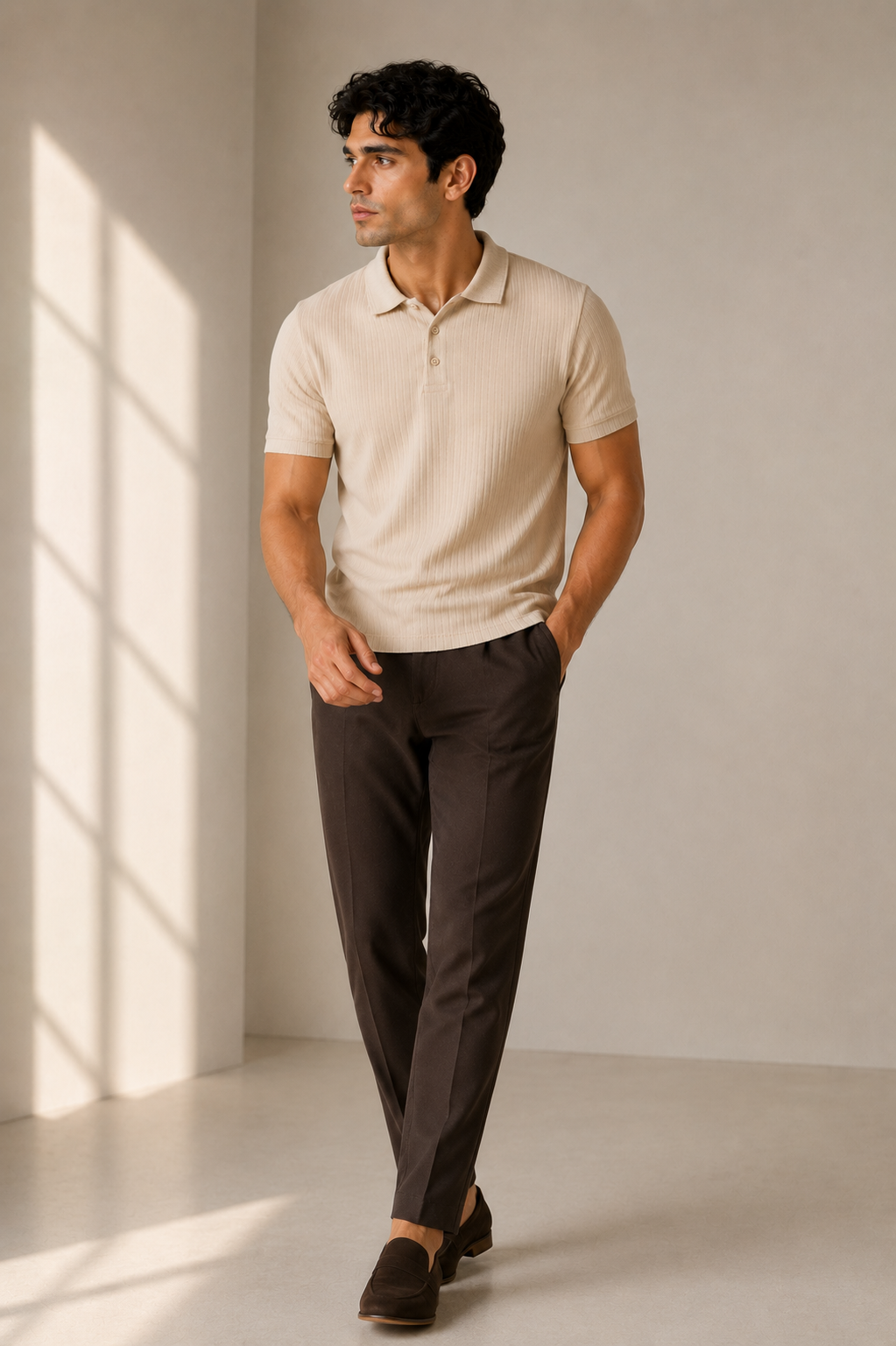 Beige Milange Drop-Needle Ribbed Cotton Polo Shirt