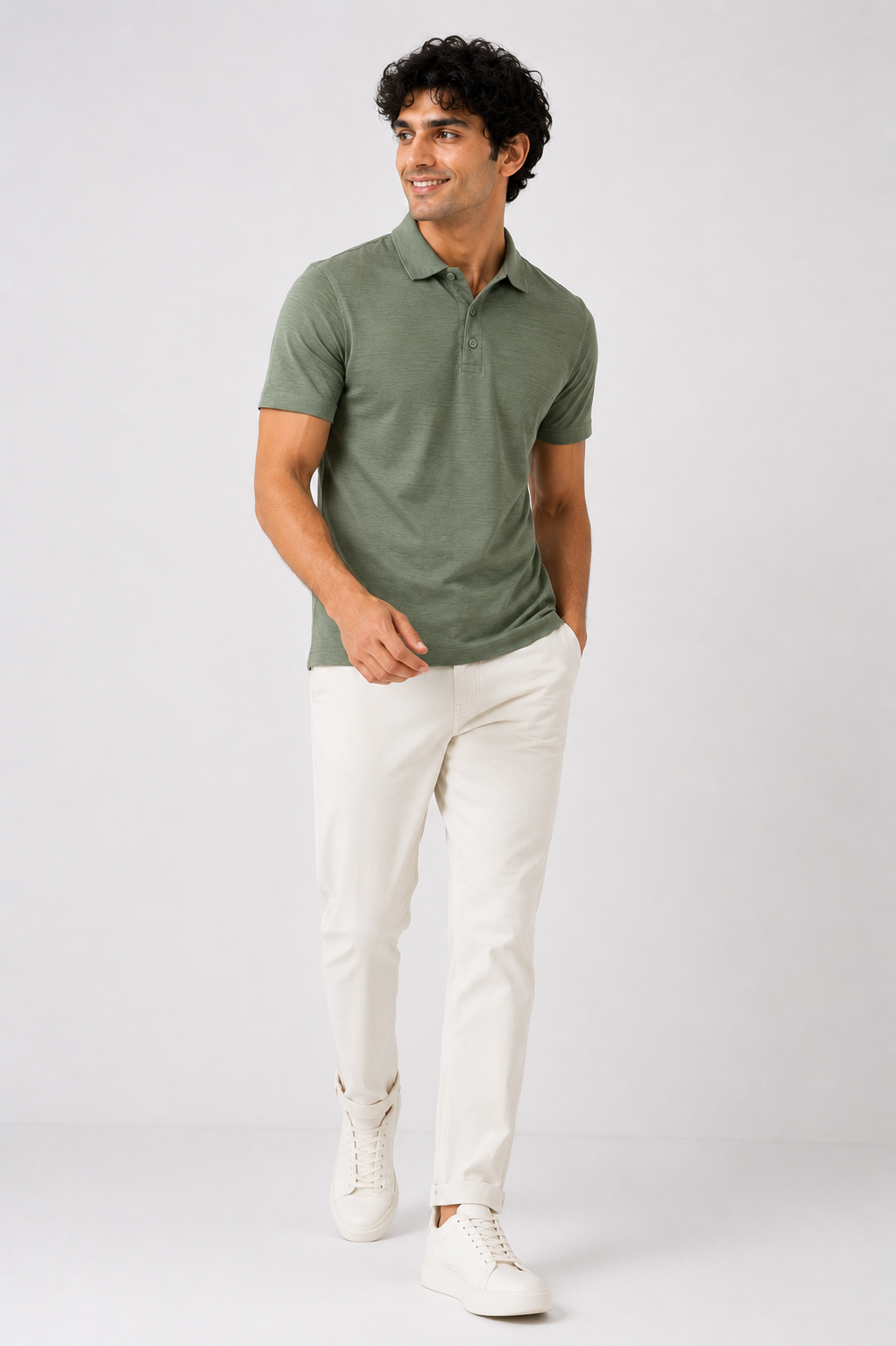 Sage Green Slub-Texture Cotton Jersey Polo Shirt