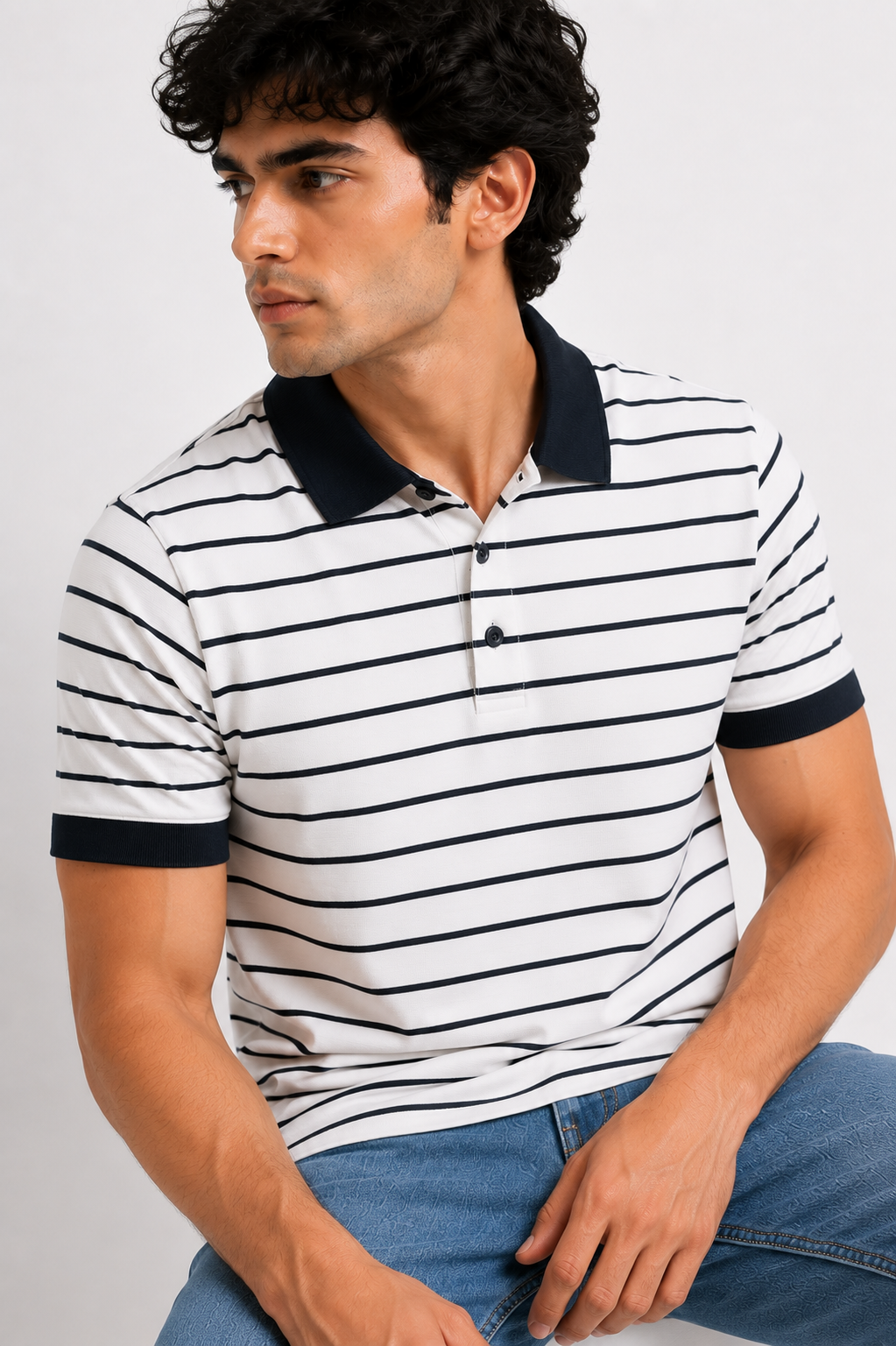 White Navy Striped Contrast Collar Stepper Cotton Polo Shirt