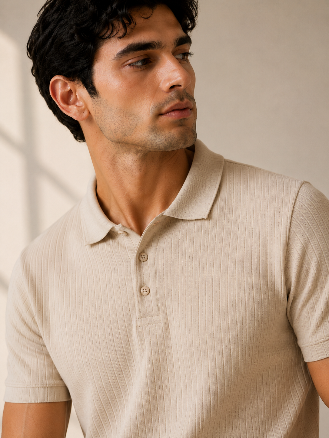 Beige Milange Drop-Needle Ribbed Cotton Polo Shirt