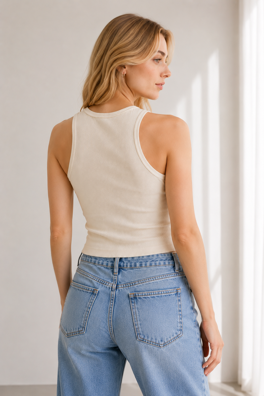 Off-White Ribbed Cotton Lycra Fitted Tank Top