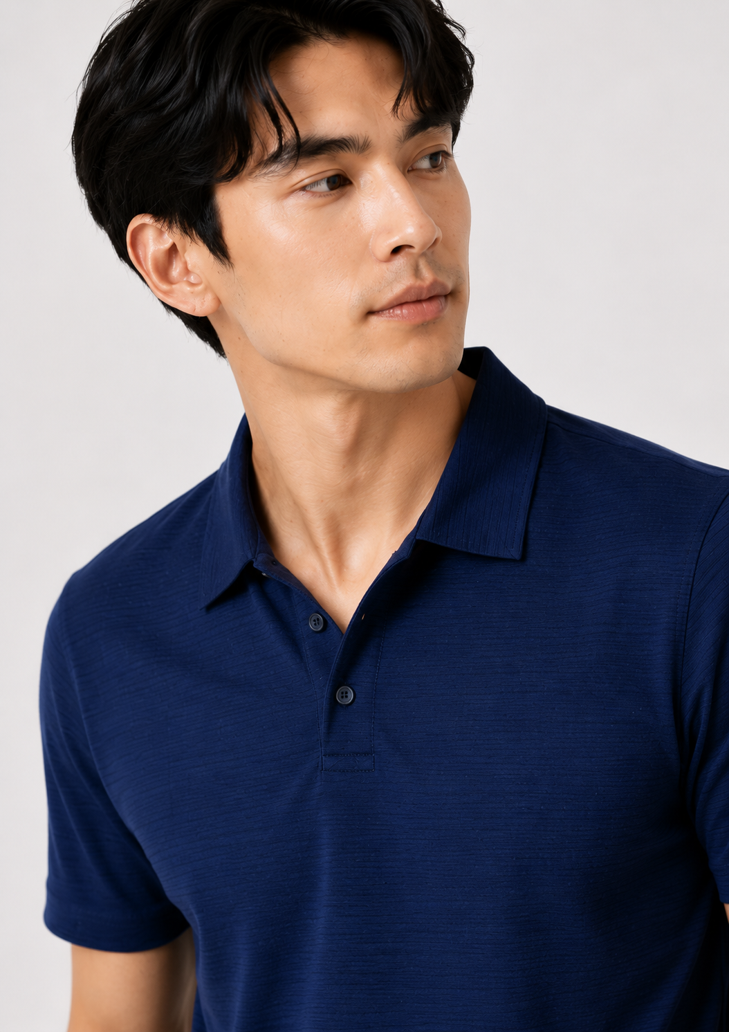 Navy Blue Slub-Texture Cotton Jersey Polo Shirt