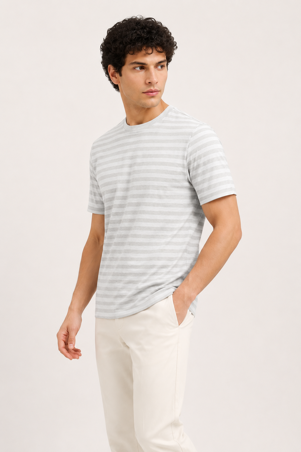 Grey White Striped Cotton Jersey T-Shirt